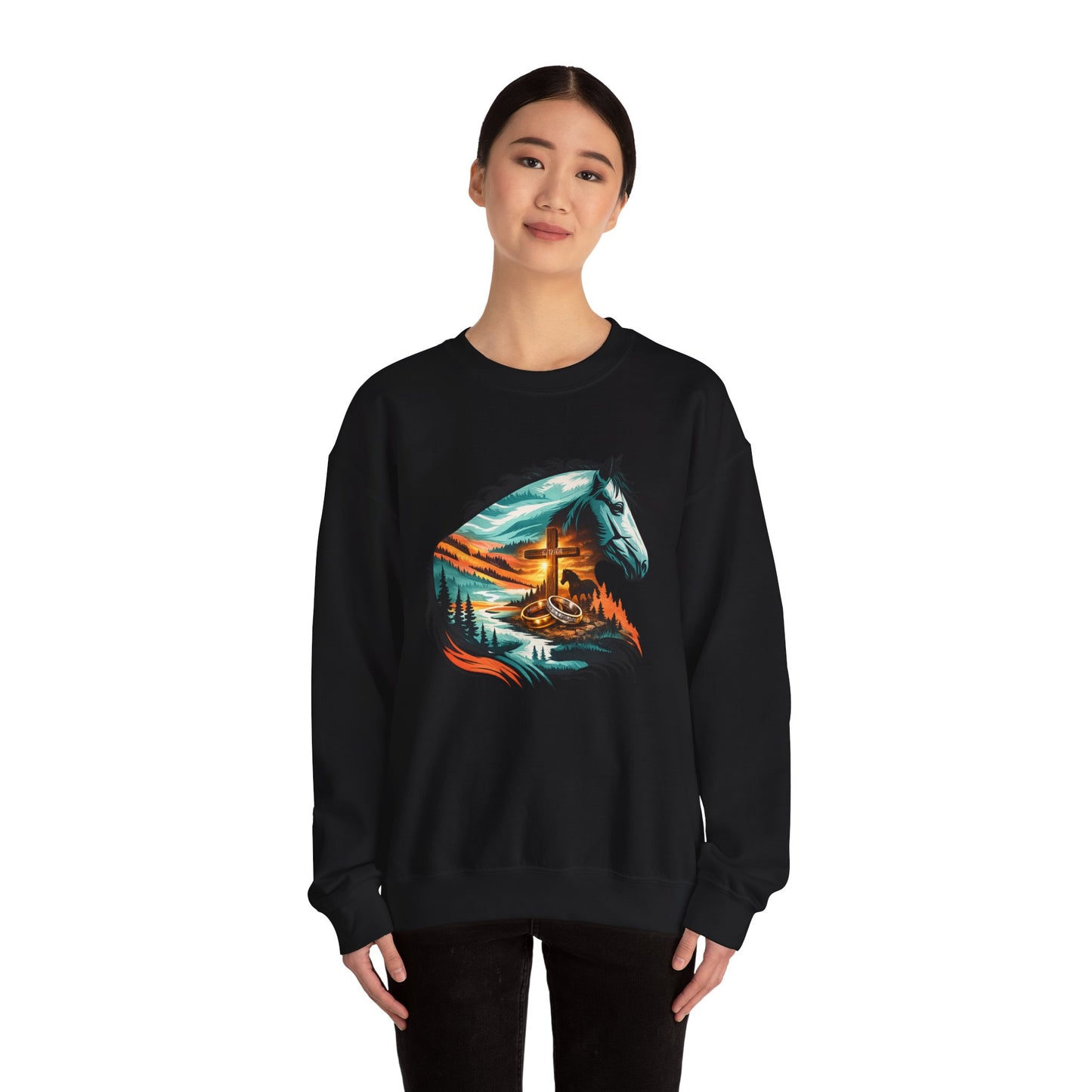 Horse with Cross with Wedding Bands Crewneck Sweatshirt