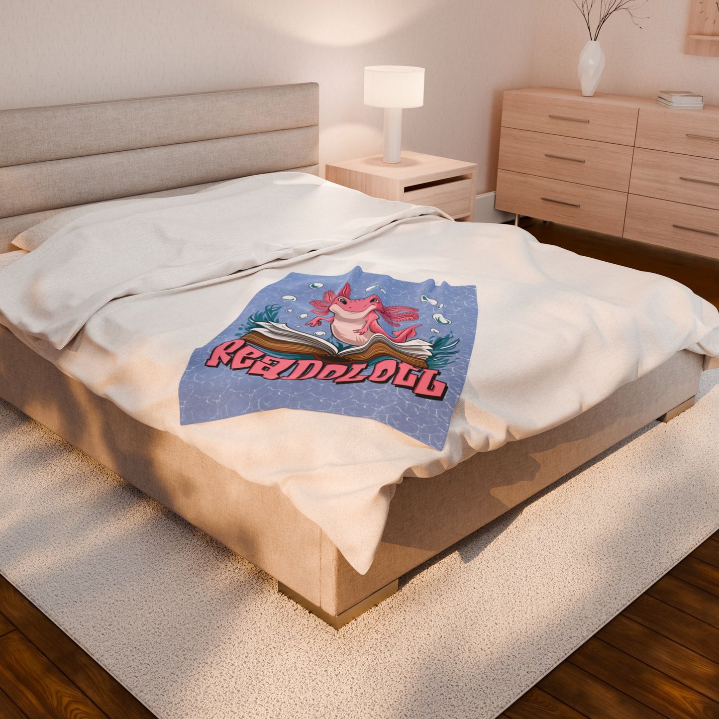 Readolotl Velveteen Plush Blanket - Cozy Gift for Readers, Kids, Book Lovers, Axolotl Lovers, Home Decor, Nursery