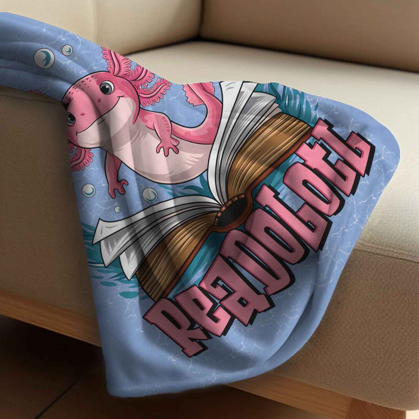 Readolotl Velveteen Plush Blanket - Cozy Gift for Readers, Kids, Book Lovers, Axolotl Lovers, Home Decor, Nursery