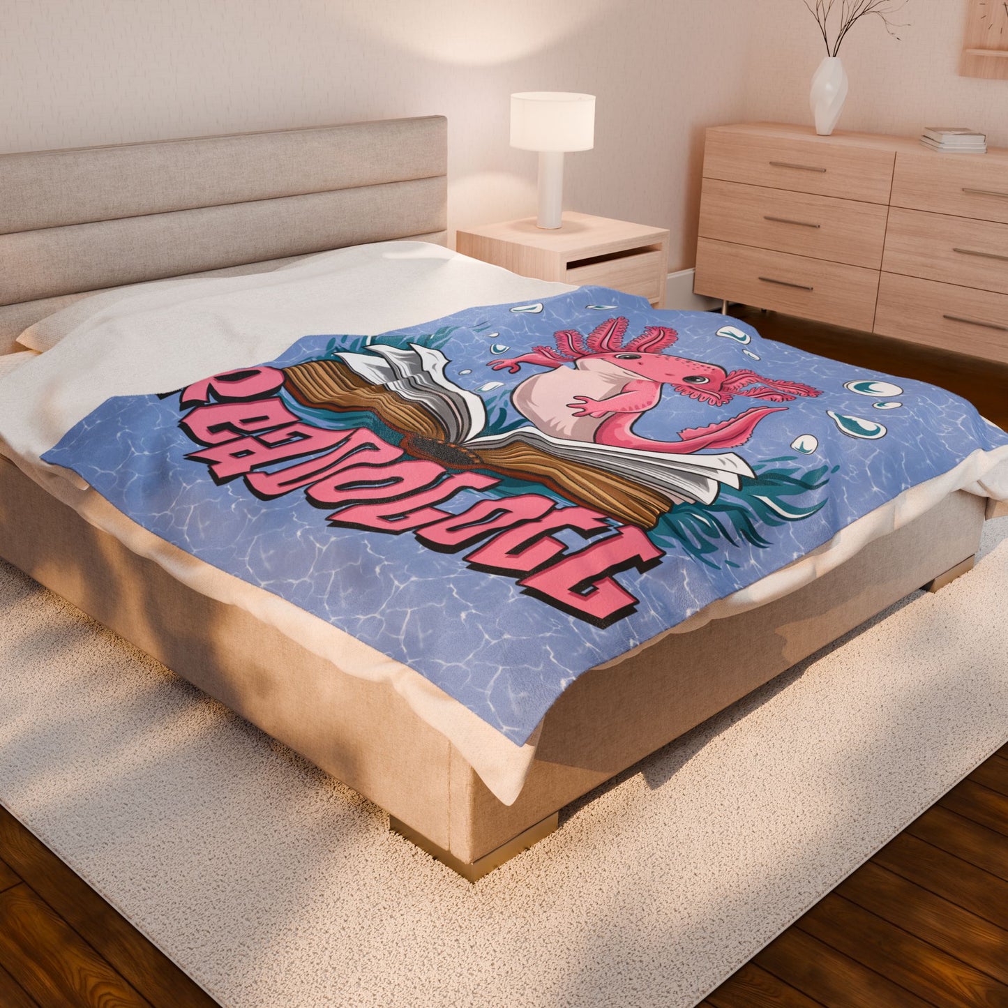 Readolotl Velveteen Plush Blanket - Cozy Gift for Readers, Kids, Book Lovers, Axolotl Lovers, Home Decor, Nursery