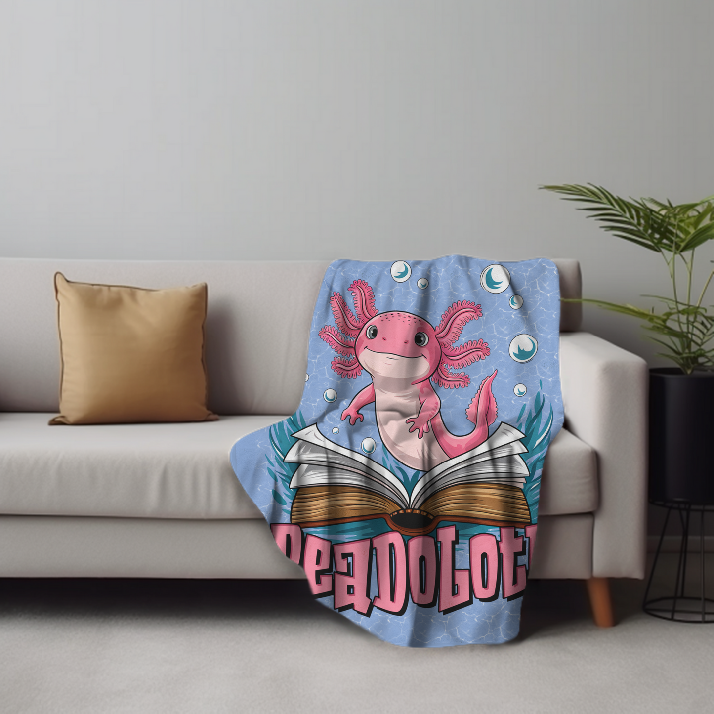 Readolotl Velveteen Plush Blanket - Cozy Gift for Readers, Kids, Book Lovers, Axolotl Lovers, Home Decor, Nursery