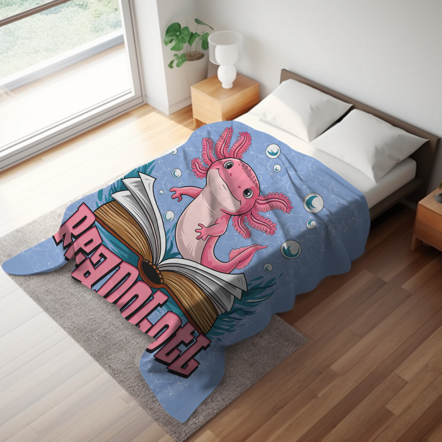 Readolotl Velveteen Plush Blanket - Cozy Gift for Readers, Kids, Book Lovers, Axolotl Lovers, Home Decor, Nursery