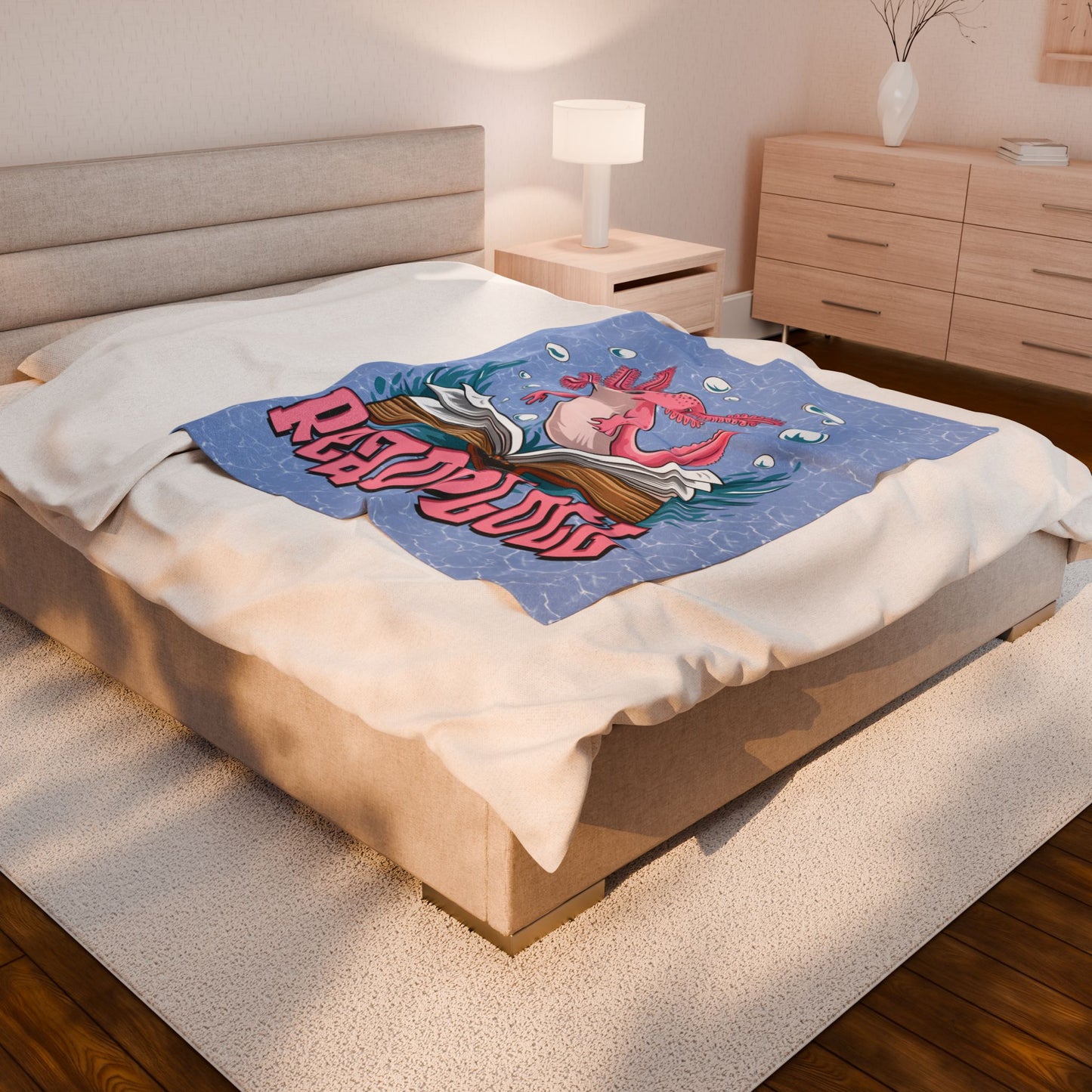 Readolotl Velveteen Plush Blanket - Cozy Gift for Readers, Kids, Book Lovers, Axolotl Lovers, Home Decor, Nursery