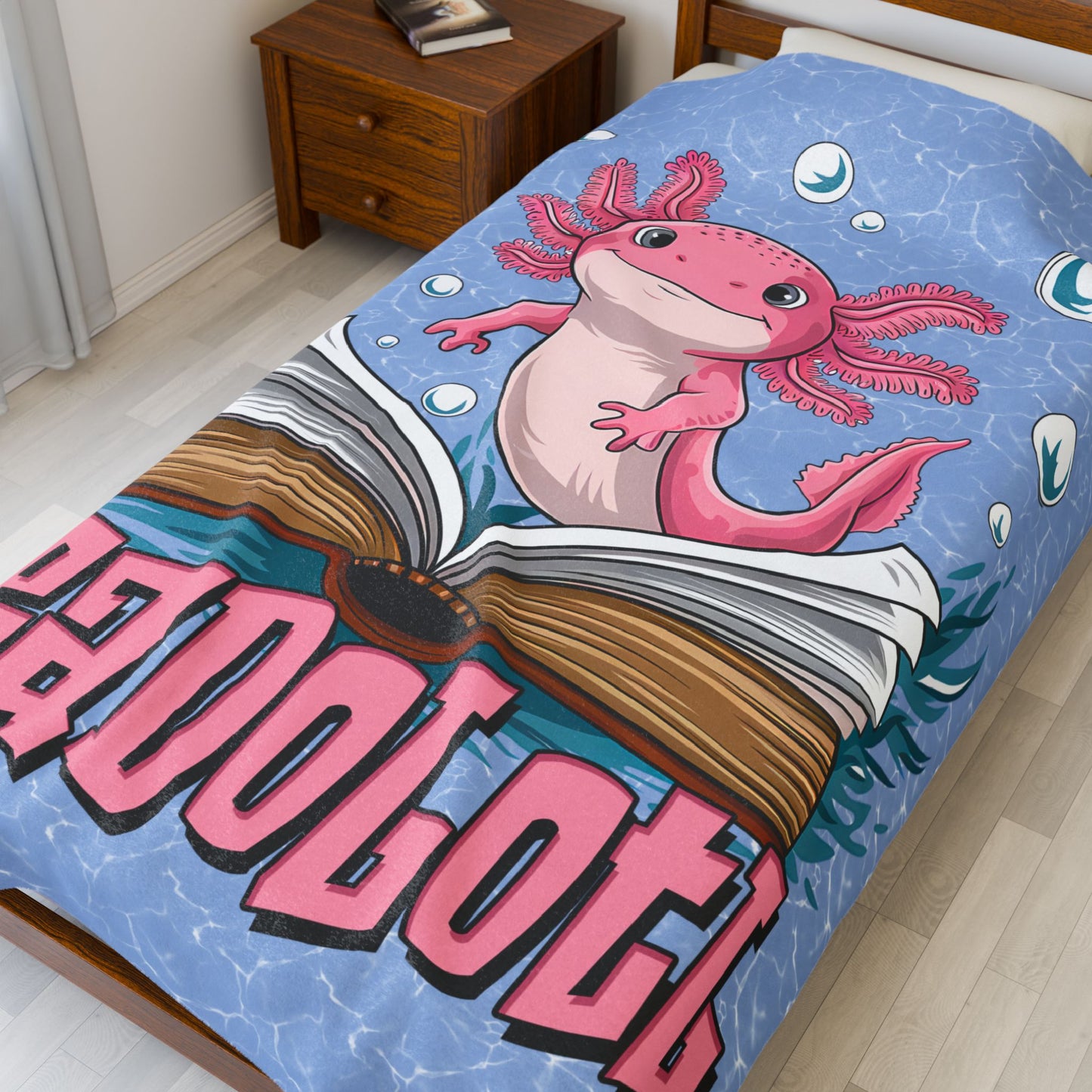 Readolotl Velveteen Plush Blanket - Cozy Gift for Readers, Kids, Book Lovers, Axolotl Lovers, Home Decor, Nursery
