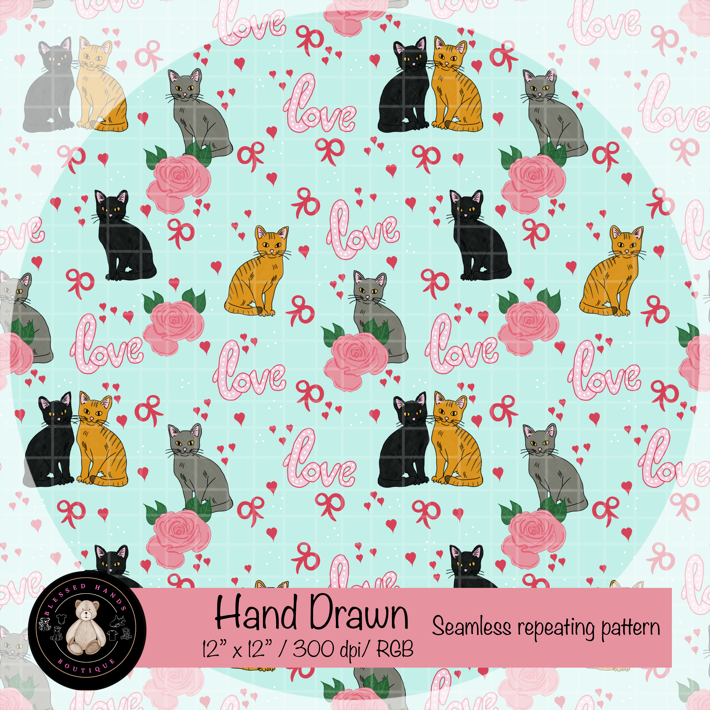 Hand‑Drawn Cat Seamless Pattern PNG | Coquette Kitty & Bow Digital Pap ...