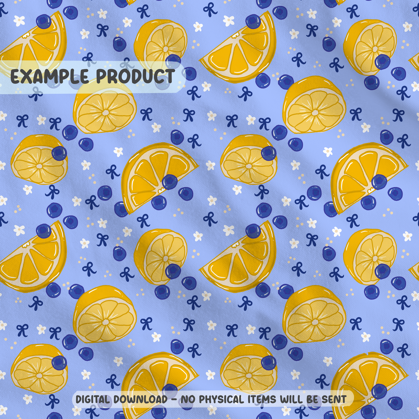 Hand-Drawn Lemon & Blueberry PNG | Blue Coquette Bows Seamless Pattern for Digital Paper and Sublimation, fabric