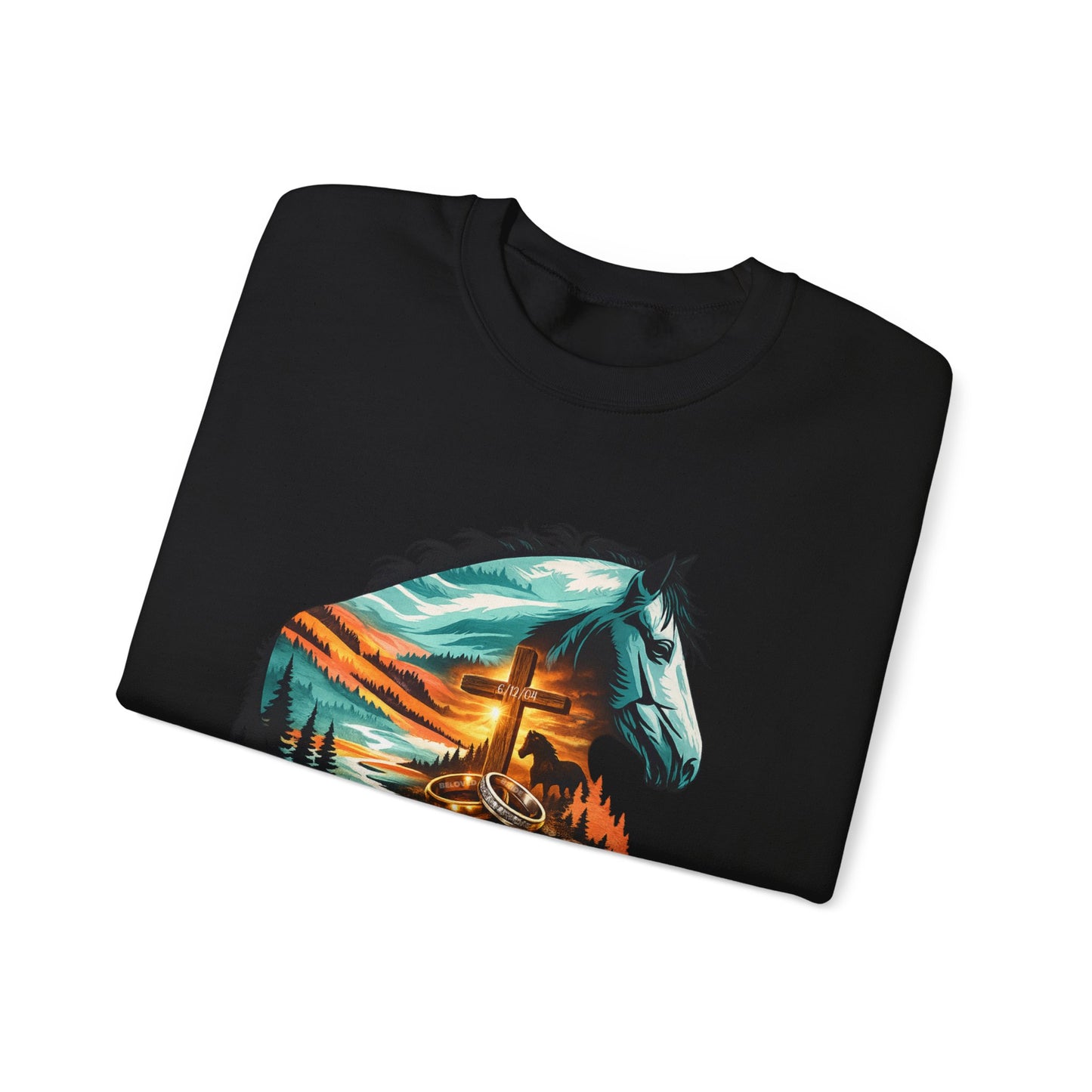 Horse with Cross with Wedding Bands Crewneck Sweatshirt