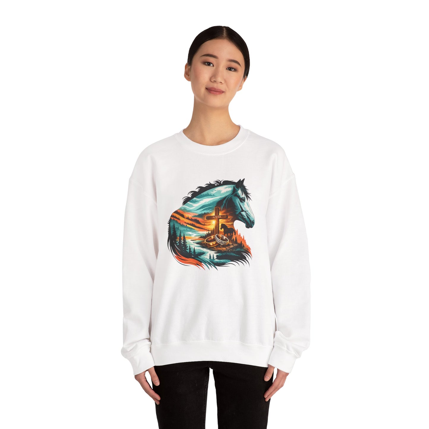 Horse with Cross with Wedding Bands Crewneck Sweatshirt