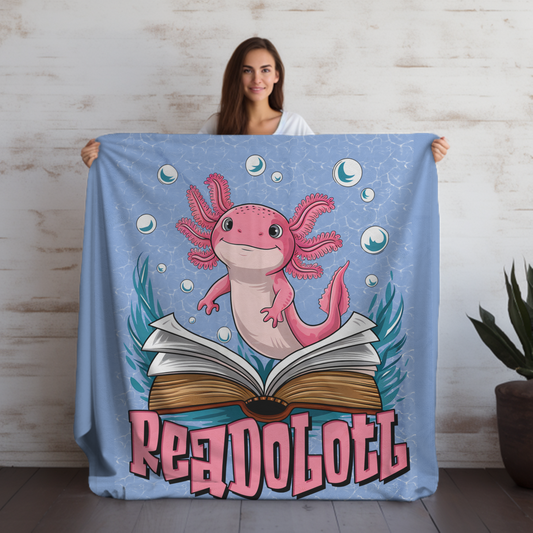 Readolotl Velveteen Plush Blanket - Cozy Gift for Readers, Kids, Book Lovers, Axolotl Lovers, Home Decor, Nursery
