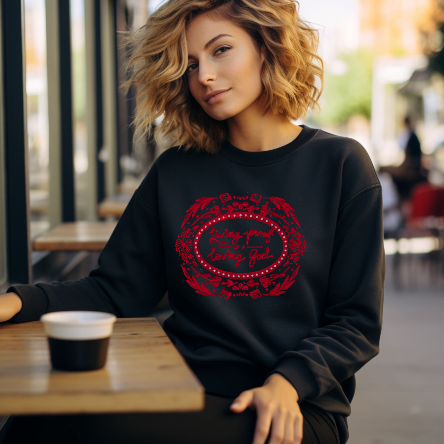 Loving proof Embroidered Sweatshirt – Faith-Inspired Crewneck with Hearts and Cross