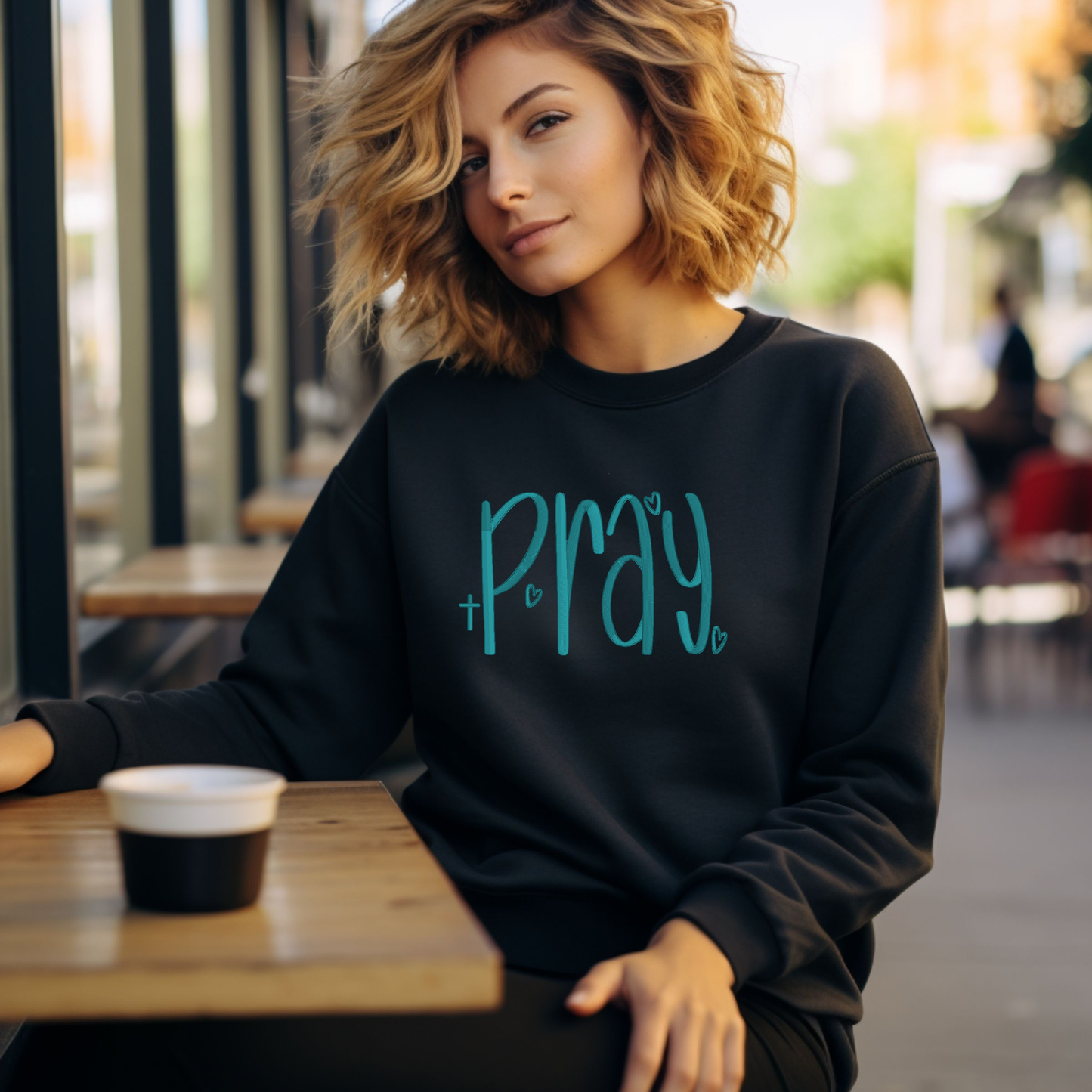“Pray” Embroidered Sweatshirt – Faith-Inspired Crewneck with Hearts and Cross
