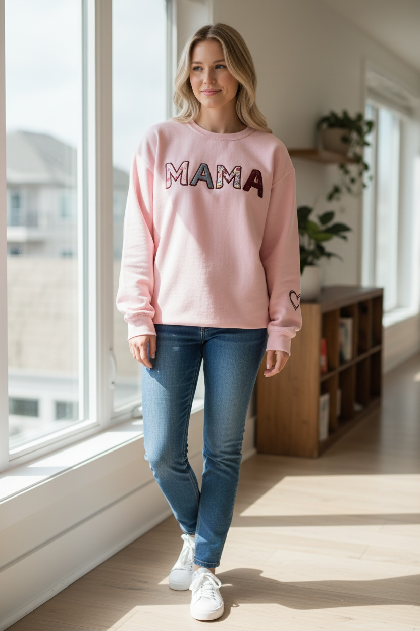 Mama Embroidered Sweater with sleeve on heart