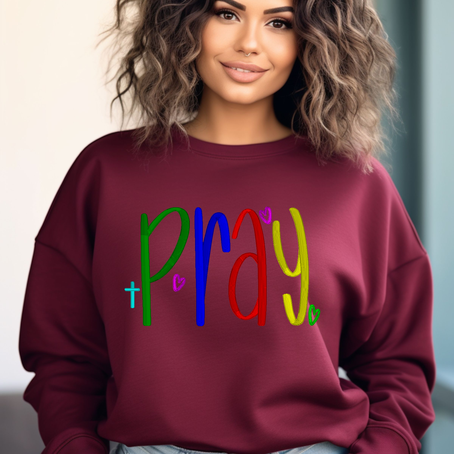 “Pray” Embroidered Sweatshirt – Faith-Inspired Crewneck with Hearts and Cross