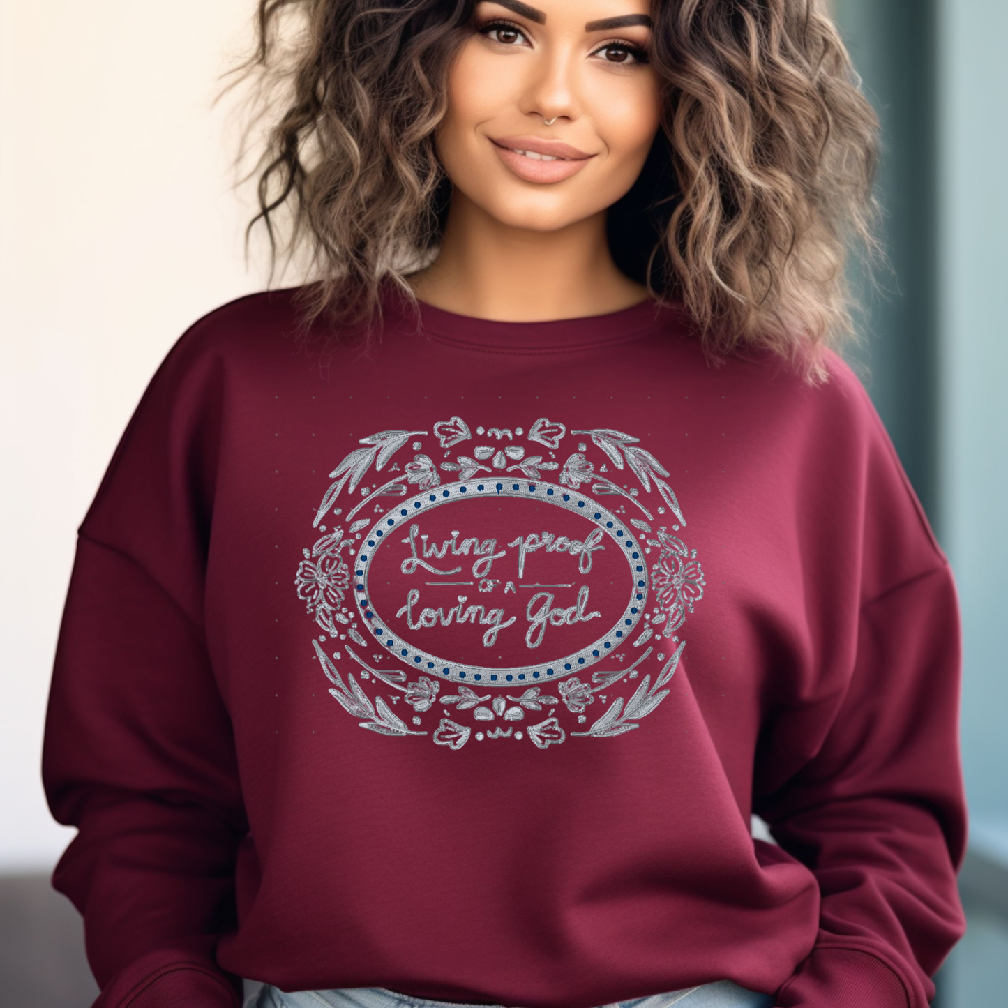 Loving proof Embroidered Sweatshirt – Faith-Inspired Crewneck with Hearts and Cross