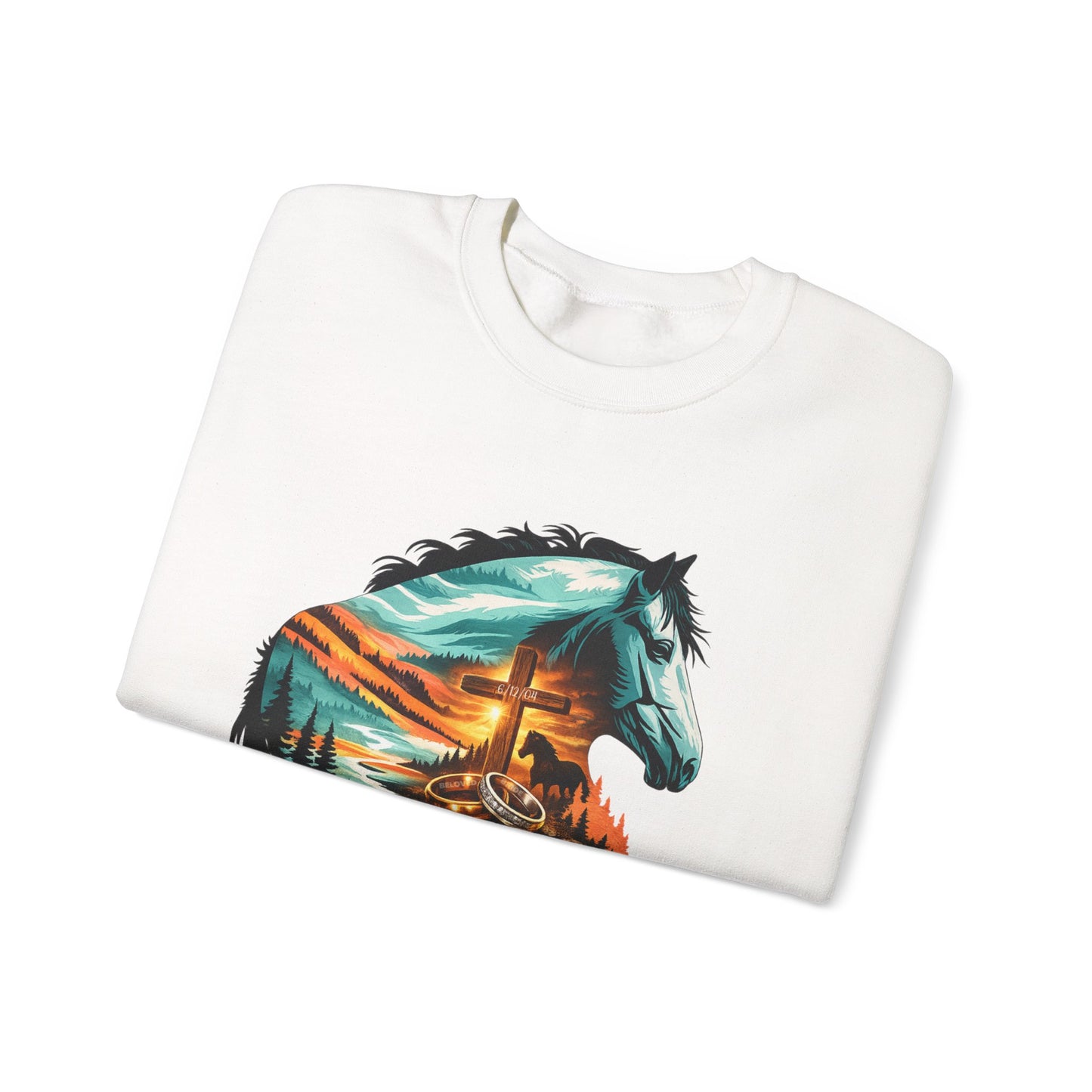 Horse with Cross with Wedding Bands Crewneck Sweatshirt
