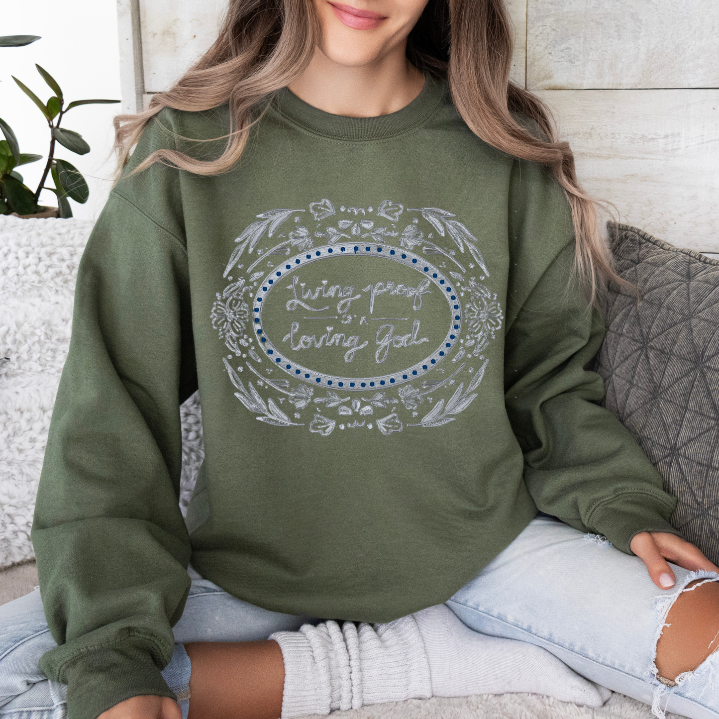Loving proof Embroidered Sweatshirt – Faith-Inspired Crewneck with Hearts and Cross