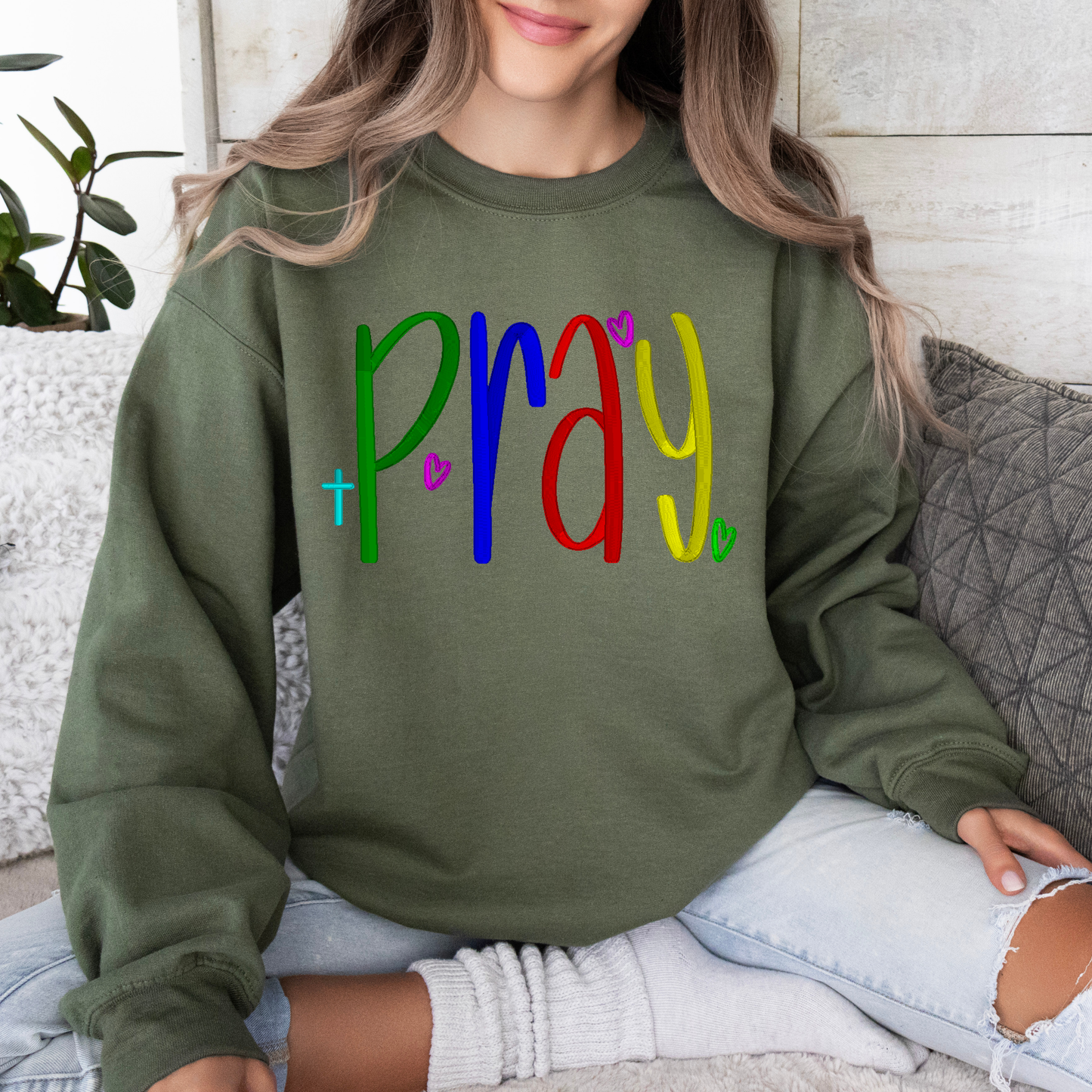 “Pray” Embroidered Sweatshirt – Faith-Inspired Crewneck with Hearts and Cross