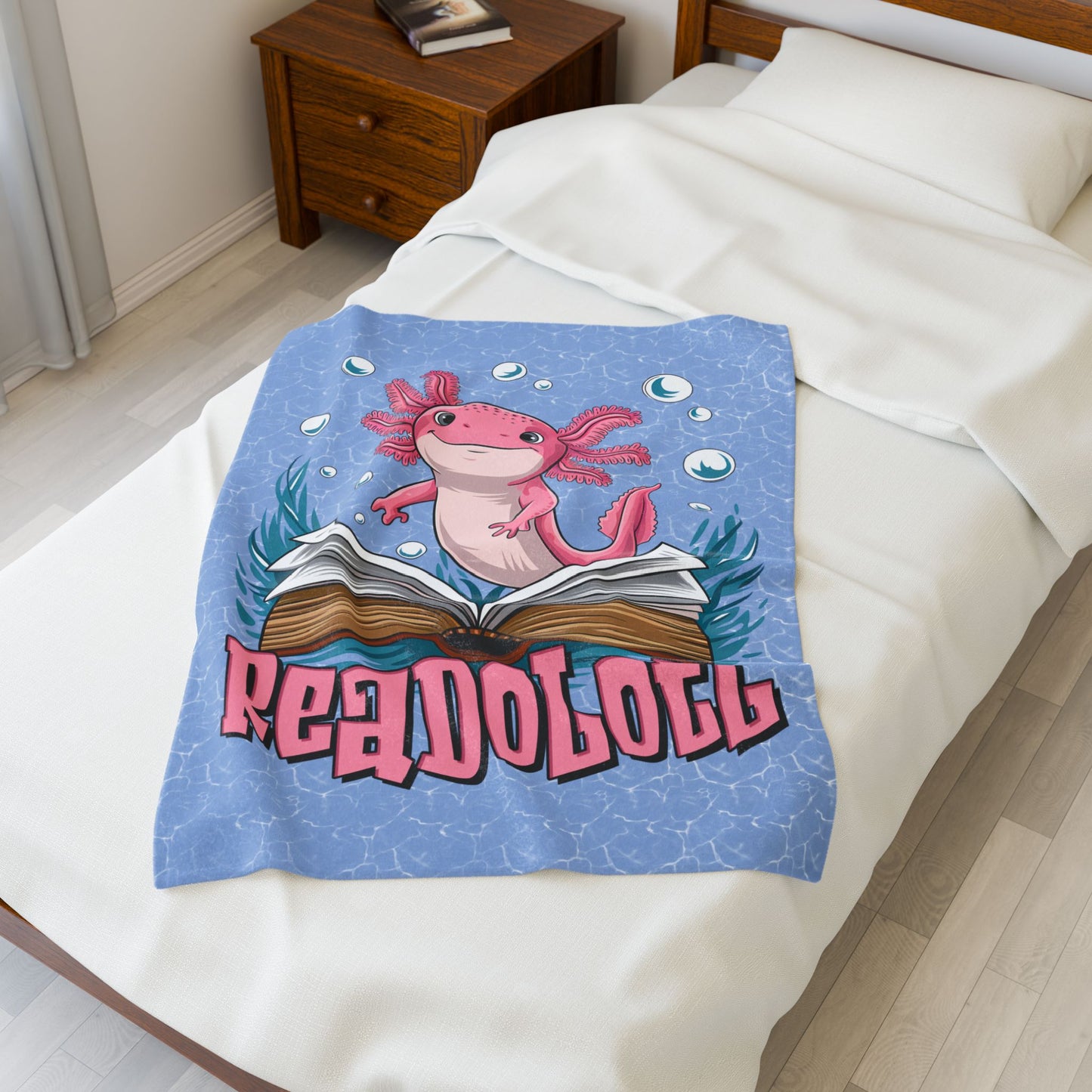 Readolotl Velveteen Plush Blanket - Cozy Gift for Readers, Kids, Book Lovers, Axolotl Lovers, Home Decor, Nursery