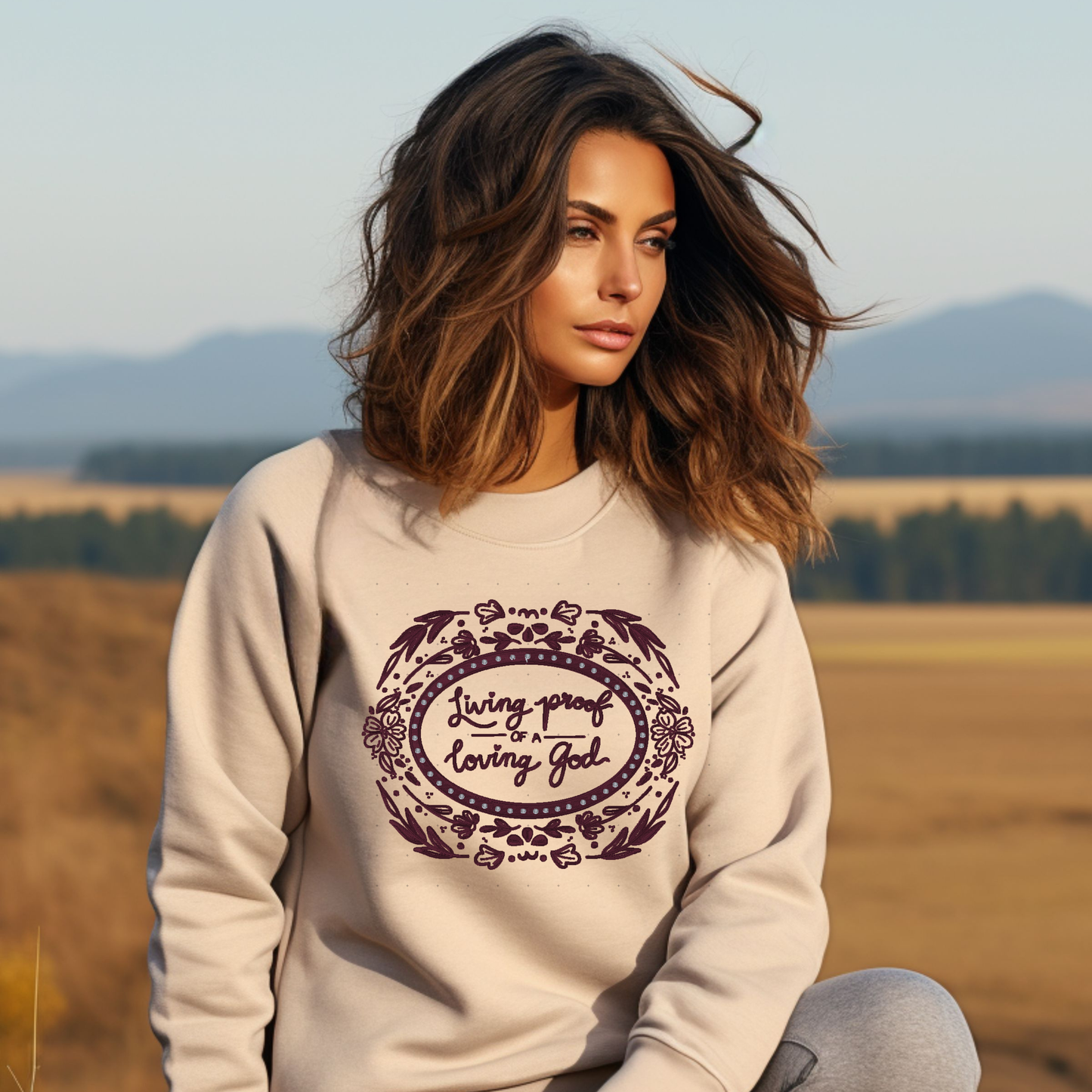 Loving proof Embroidered Sweatshirt – Faith-Inspired Crewneck with Hearts and Cross