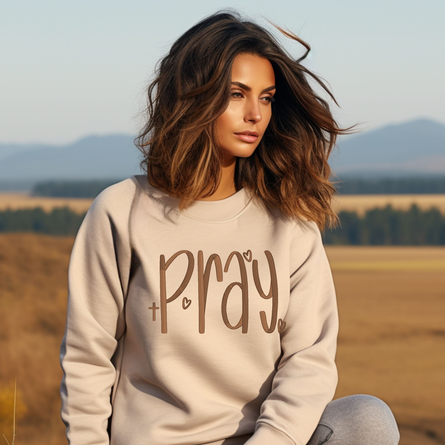 “Pray” Embroidered Sweatshirt – Faith-Inspired Crewneck with Hearts and Cross