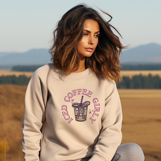 Iced Coffee Girly Embroidered Sweatshirt – Cute Coffee Lover Gift, Cozy Crewneck