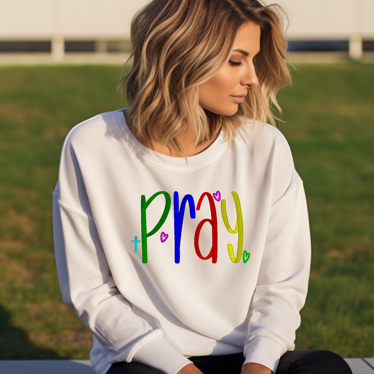 “Pray” Embroidered Sweatshirt – Faith-Inspired Crewneck with Hearts and Cross
