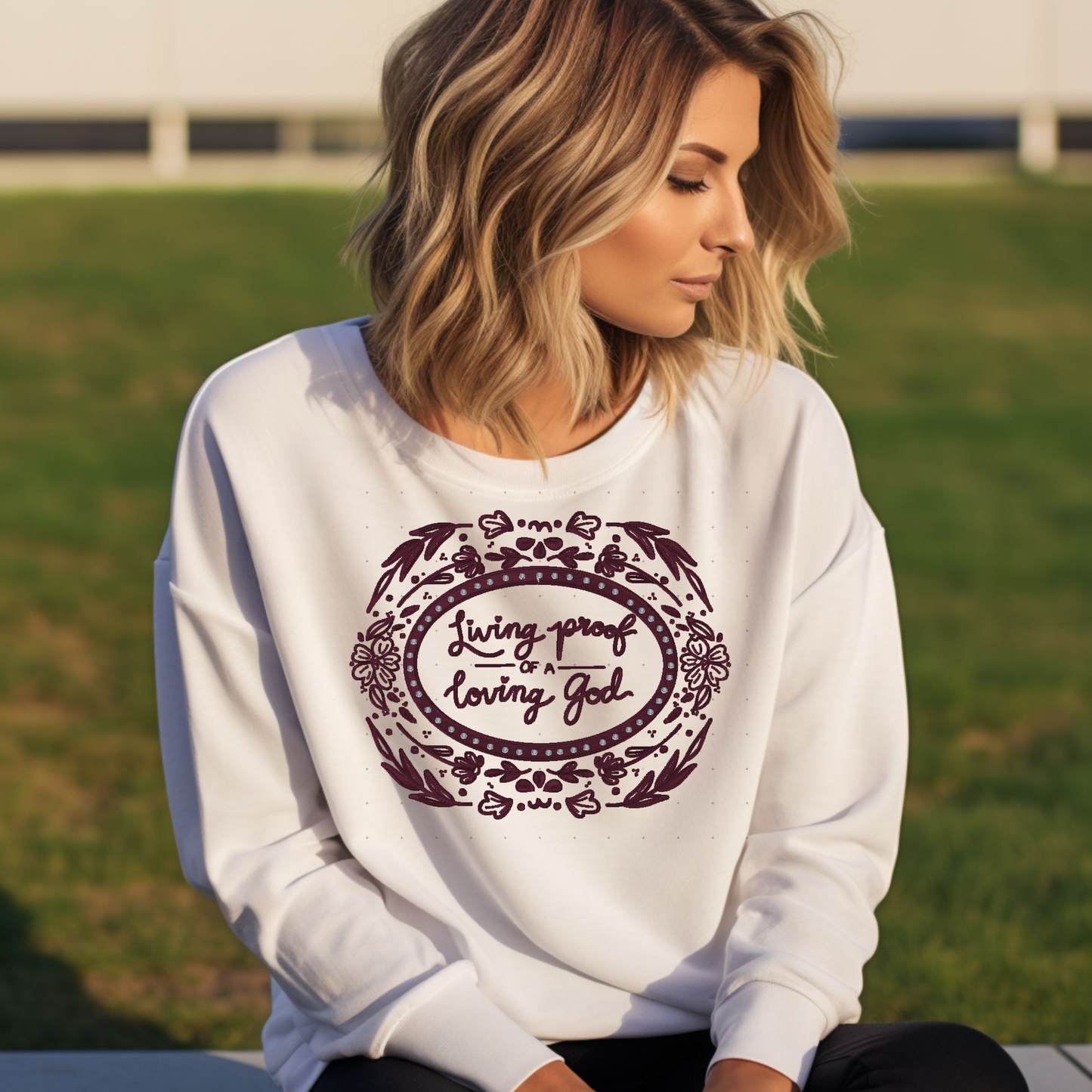 Loving proof Embroidered Sweatshirt – Faith-Inspired Crewneck with Hearts and Cross