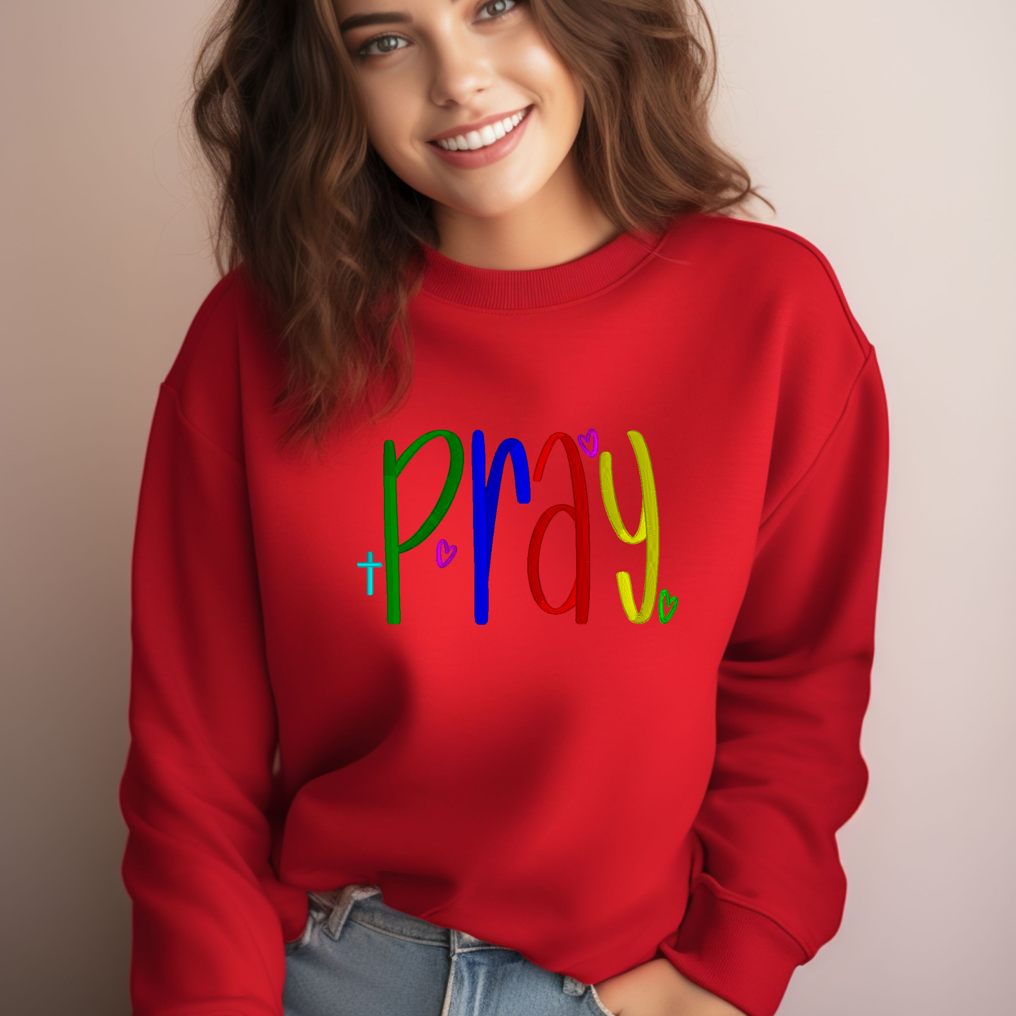 “Pray” Embroidered Sweatshirt – Faith-Inspired Crewneck with Hearts and Cross