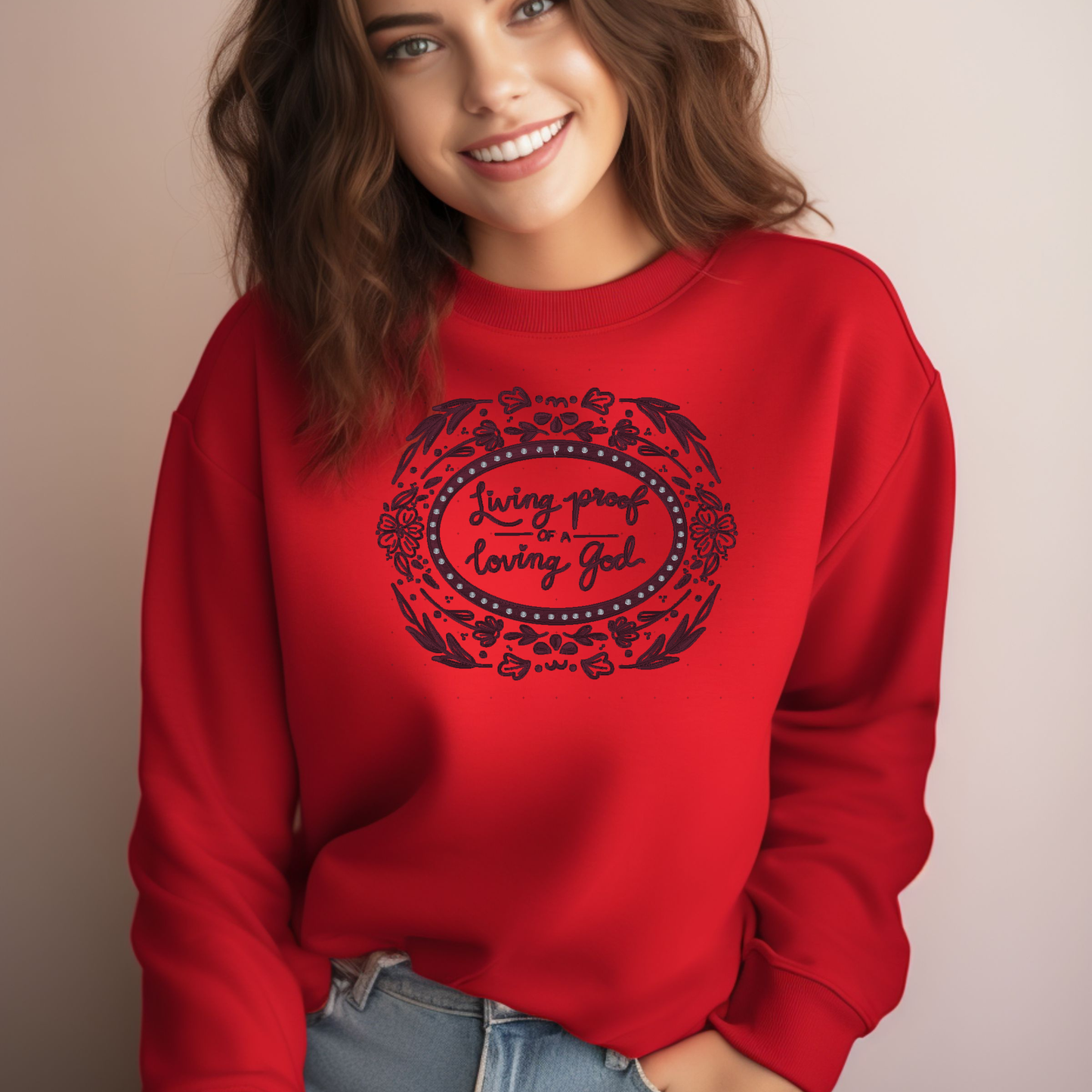 Loving proof Embroidered Sweatshirt – Faith-Inspired Crewneck with Hearts and Cross