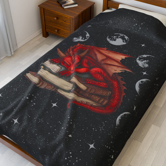 Cozy Dragon Literary Velveteen Plush Blanket, Dragon Lover Gift, Fantasy Home Decor, Reading Nook Accessory, Perfect for Cozy Nights
