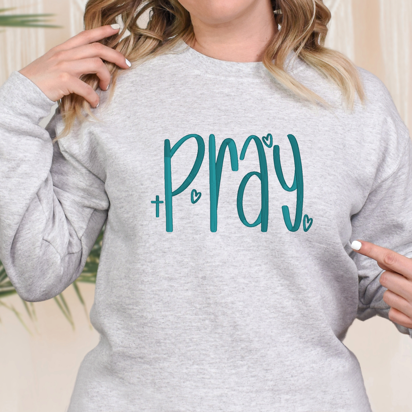 “Pray” Embroidered Sweatshirt – Faith-Inspired Crewneck with Hearts and Cross