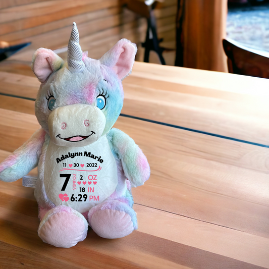 Personalized Unicorn Stuffed Animal, Personalized Baby Gift, Birth Announcement Stuffed Animal, Birth Stats stuffed animal, Newborn Gift