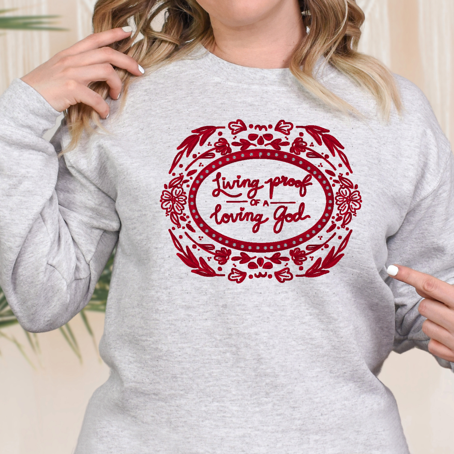 Loving proof Embroidered Sweatshirt – Faith-Inspired Crewneck with Hearts and Cross