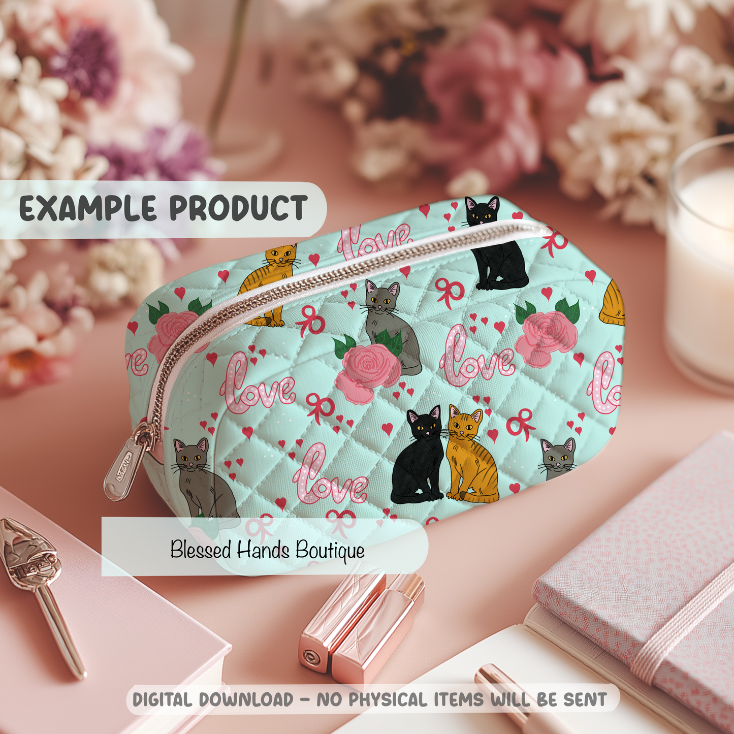 Hand‑Drawn Cat Seamless Pattern PNG | Coquette Kitty & Bow Digital Paper for Sublimation, Valentine’s Day Aesthetic