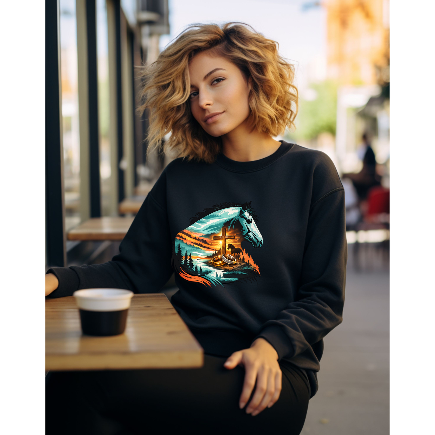 Horse with Cross with Wedding Bands Crewneck Sweatshirt