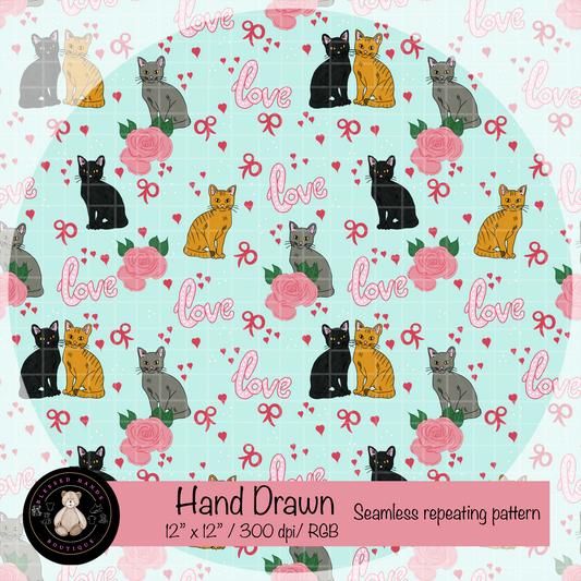 Hand‑Drawn Cat Seamless Pattern PNG | Coquette Kitty & Bow Digital Paper for Sublimation, Valentine’s Day Aesthetic