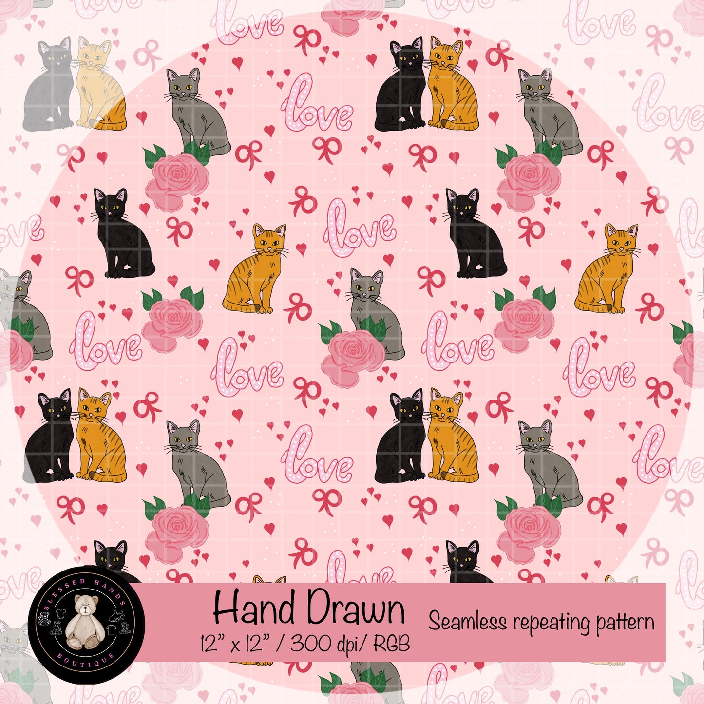 Hand‑Drawn Cat Seamless Pattern PNG | Coquette Kitty & Bow Digital Paper for Sublimation, Valentine’s Day Aesthetic (Copy)