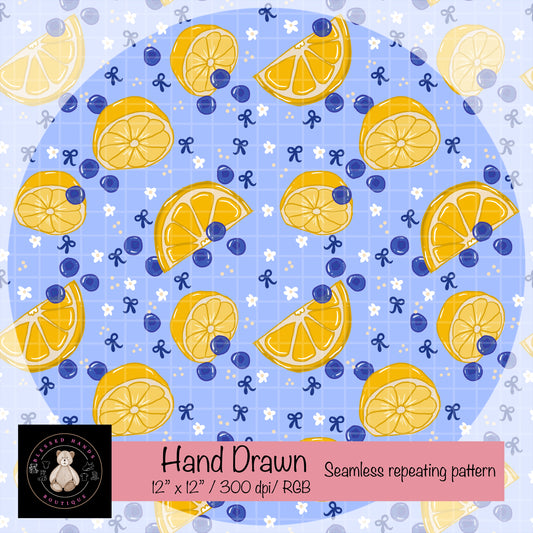 Hand-Drawn Lemon & Blueberry PNG | Blue Coquette Bows Seamless Pattern for Digital Paper and Sublimation, fabric