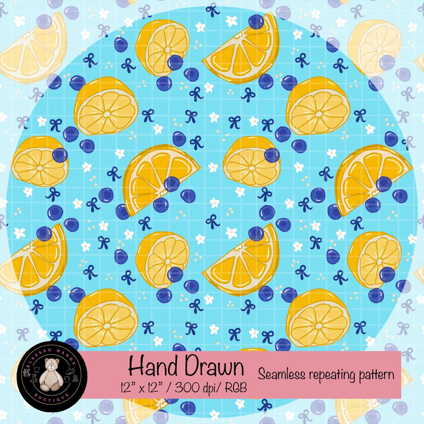 Hand-Drawn Lemon & Blueberry PNG | Blue Coquette Bows Seamless Pattern for Digital Paper and Sublimation, fabric (Copy)