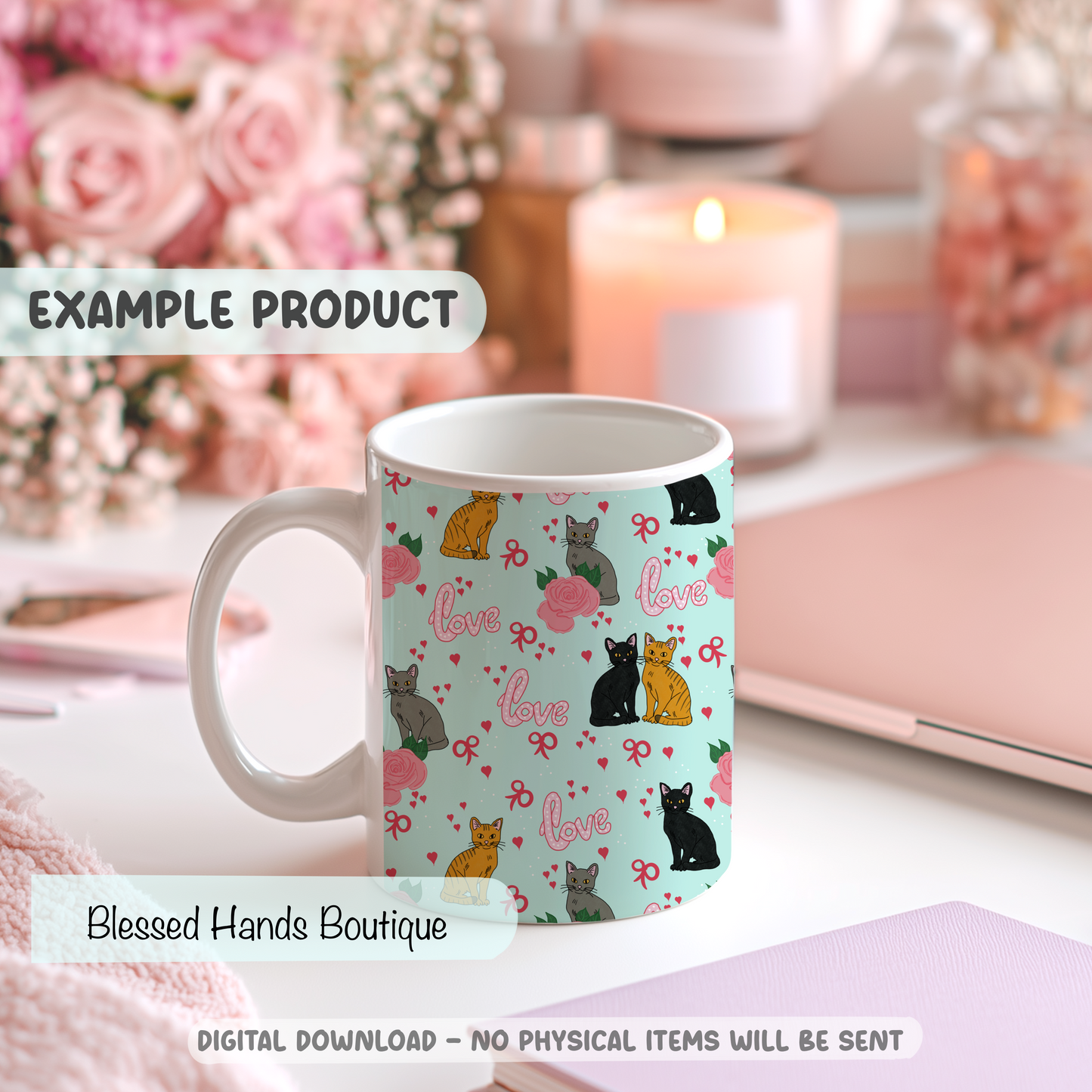 Hand‑Drawn Cat Seamless Pattern PNG | Coquette Kitty & Bow Digital Paper for Sublimation, Valentine’s Day Aesthetic