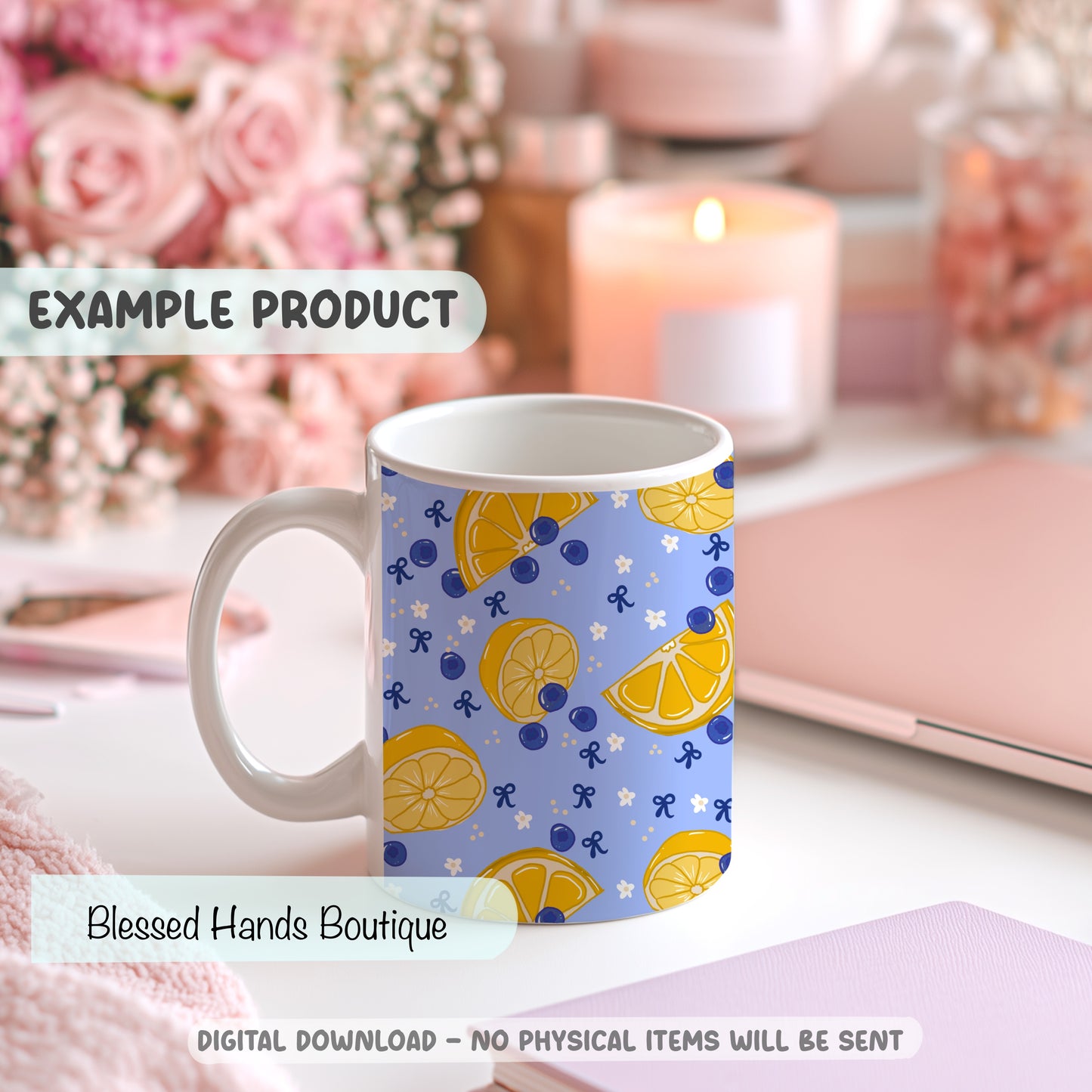 Hand-Drawn Lemon & Blueberry PNG | Blue Coquette Bows Seamless Pattern for Digital Paper and Sublimation, fabric