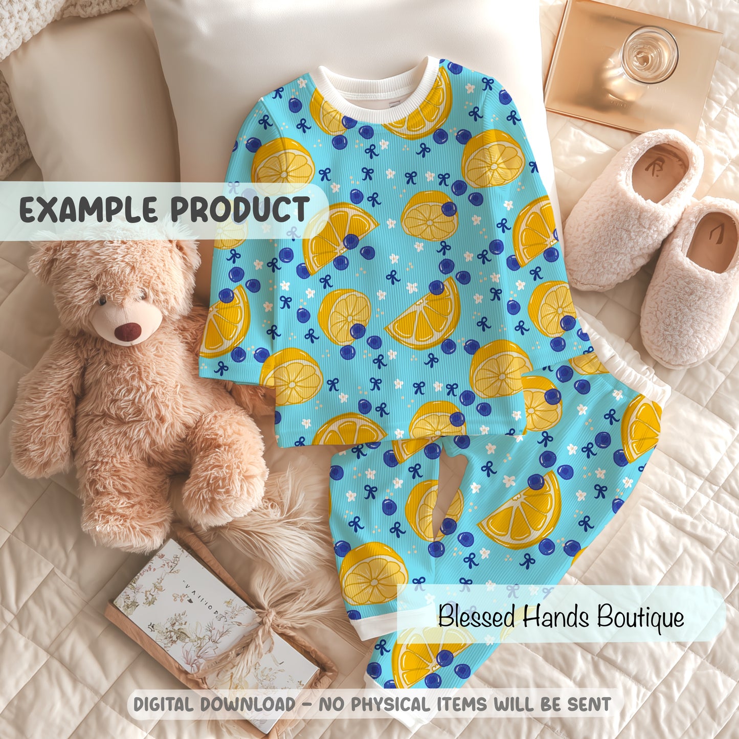 Hand-Drawn Lemon & Blueberry PNG | Blue Coquette Bows Seamless Pattern for Digital Paper and Sublimation, fabric (Copy)