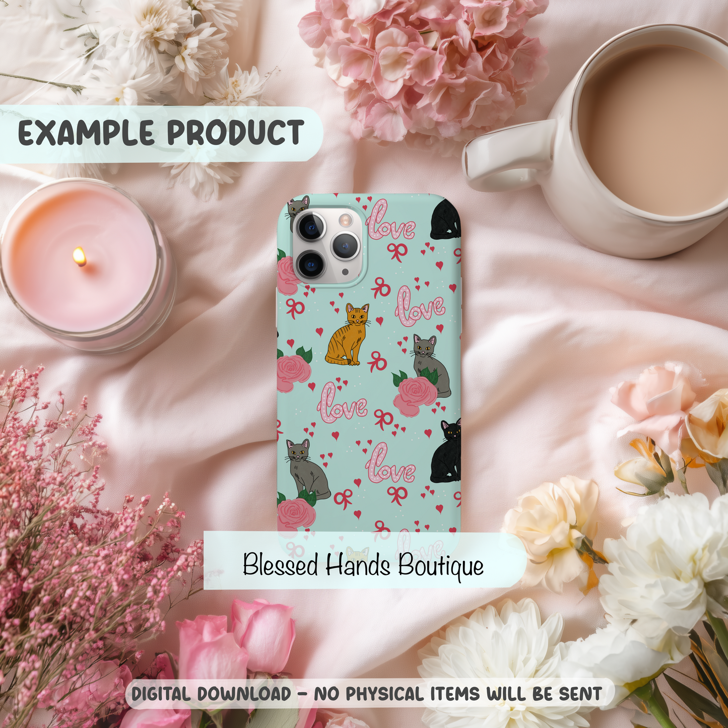 Hand‑Drawn Cat Seamless Pattern PNG | Coquette Kitty & Bow Digital Paper for Sublimation, Valentine’s Day Aesthetic