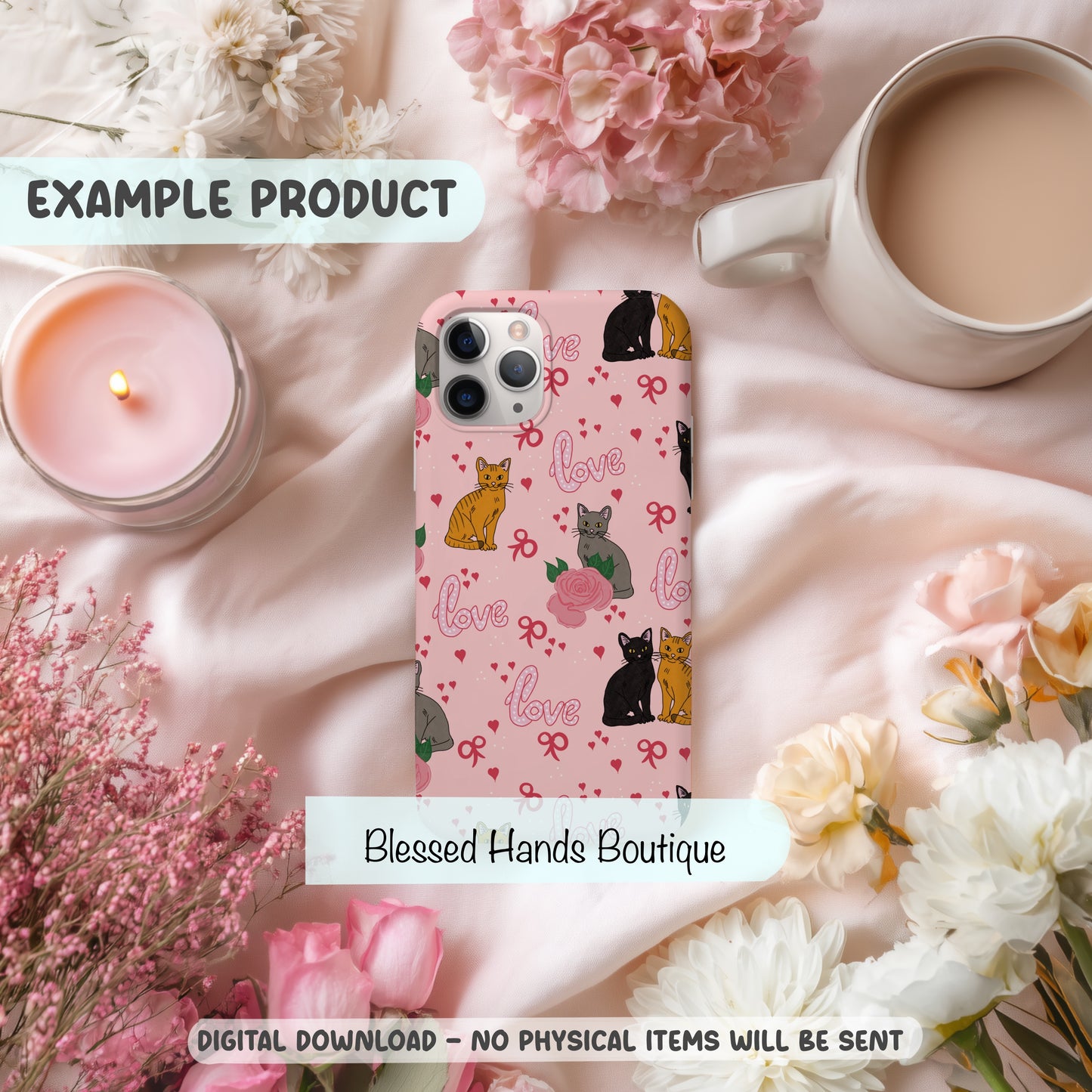 Hand‑Drawn Cat Seamless Pattern PNG | Coquette Kitty & Bow Digital Paper for Sublimation, Valentine’s Day Aesthetic (Copy)