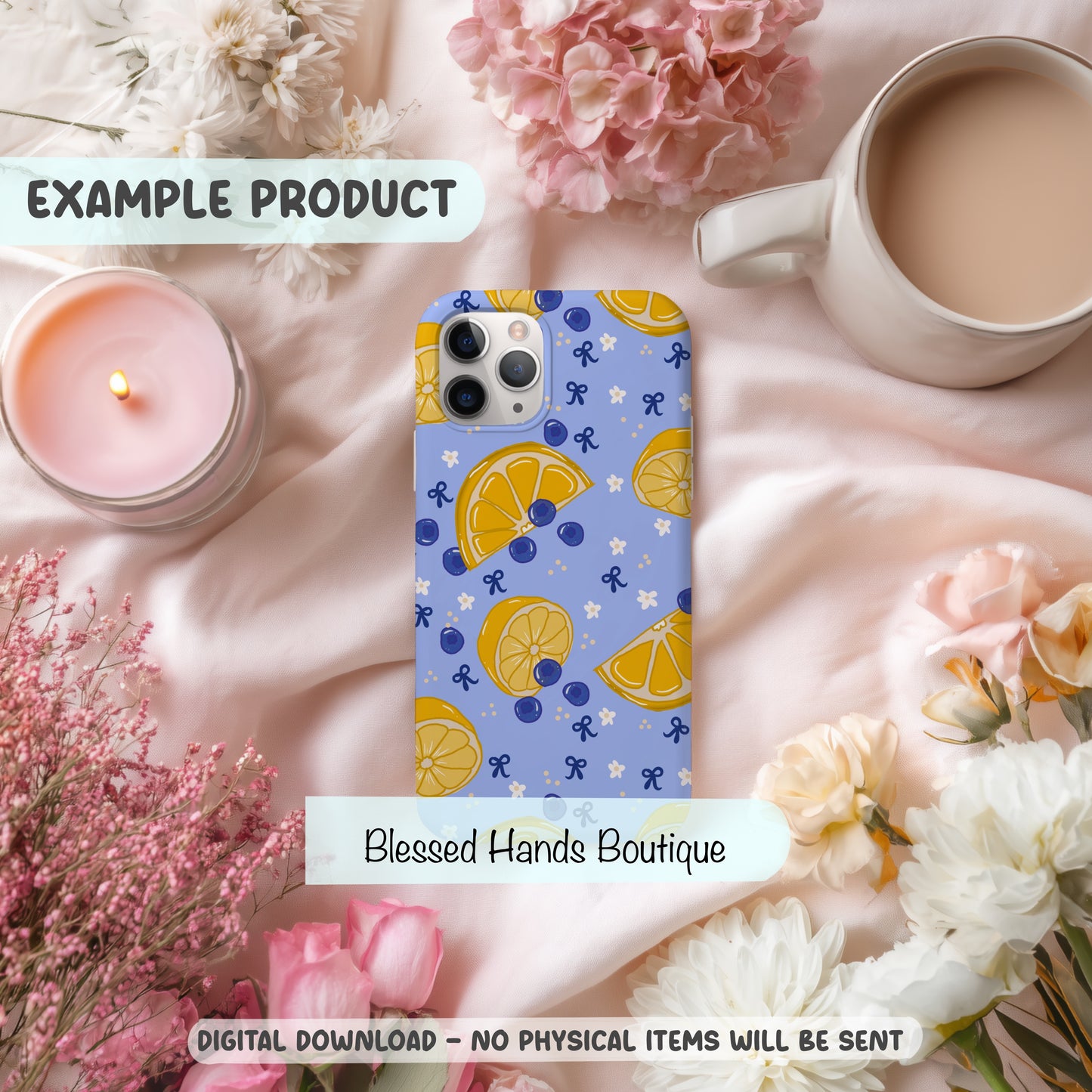 Hand-Drawn Lemon & Blueberry PNG | Blue Coquette Bows Seamless Pattern for Digital Paper and Sublimation, fabric