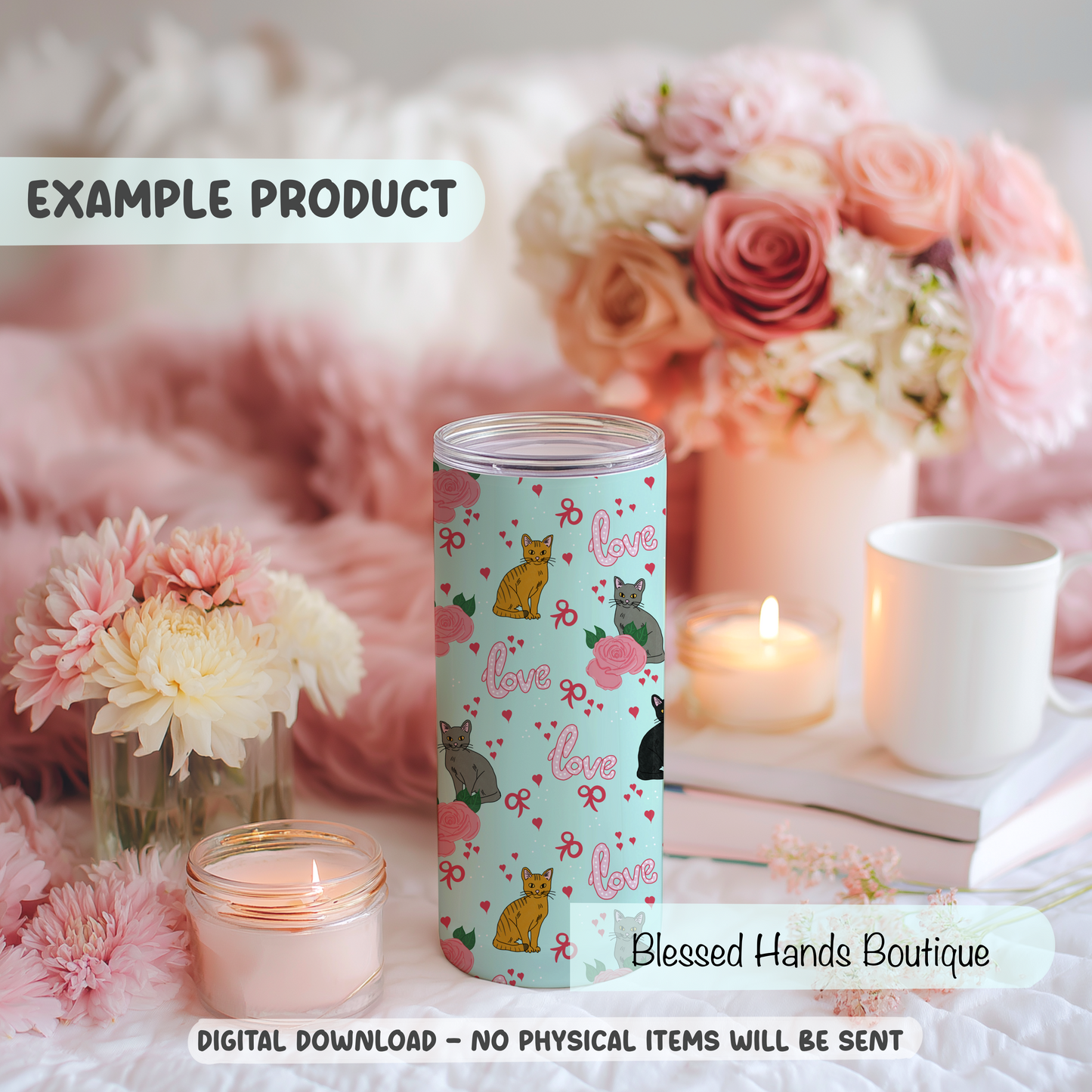 Hand‑Drawn Cat Seamless Pattern PNG | Coquette Kitty & Bow Digital Paper for Sublimation, Valentine’s Day Aesthetic